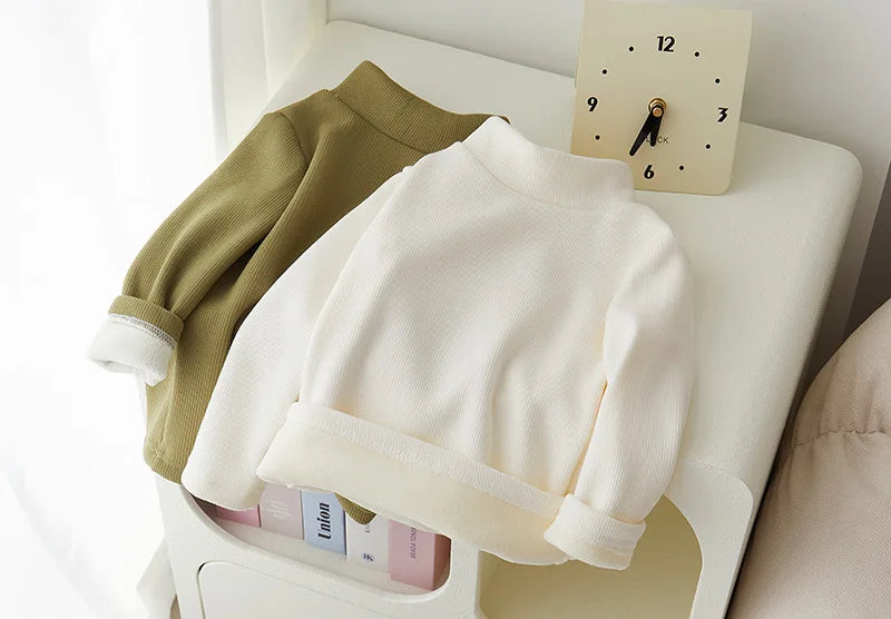 Children's Padded Thickened Sweater Girls Warm Solid Color Bottoming Shirt Autumn Winter New Boys Fashion Casual Tops 2-12 Years