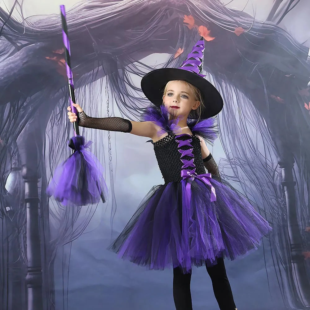 Halloween New Witch Dress Cosplay Costume Dress for Girl Carnival Party Dress Hat Broom Fancy Clothes Suit