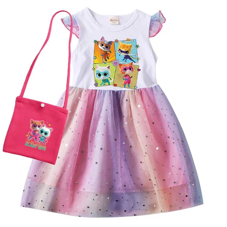 children SuperKitties Costume kids Cosplay Super Kitties clothes for Girls Flying Sleeves A-Line Dress with Bag and Headband