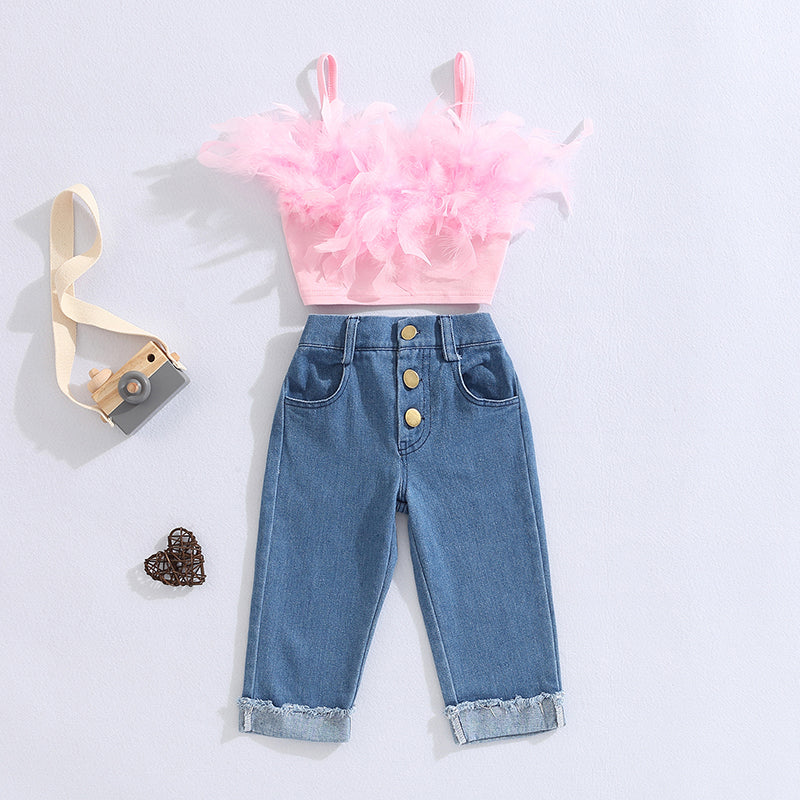 FOCUSNORM Little Girls Fashion Clothes Sets 1-6Y Ruffles Fur Feather Sleeveless Camisole Tops+High Waist Denim Pants 2pcs