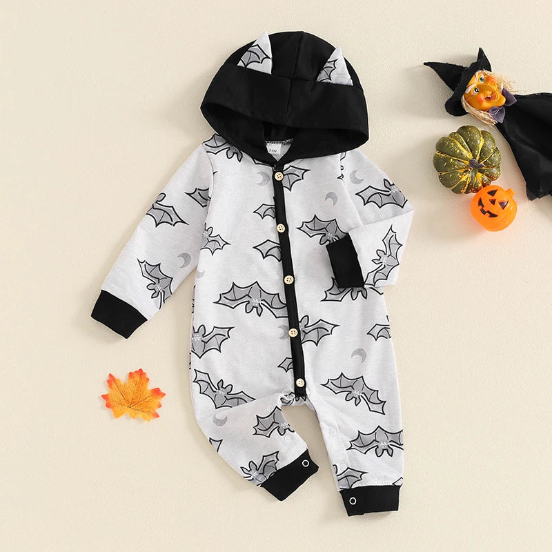 2024-05-23 Lioraitiin Baby Girl Boy Halloween Romper Bat Print Long Sleeve Full Length Hooded Jumpsuit for Fall