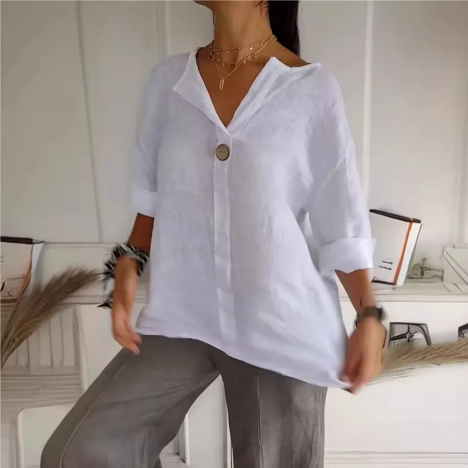 VEITCHE Spring Summer Women's Shirt Blouses Top V-neck Button Tee Shirts 3/4 Sleeve Casual Cotton Linen Top Loose Fit Pullover