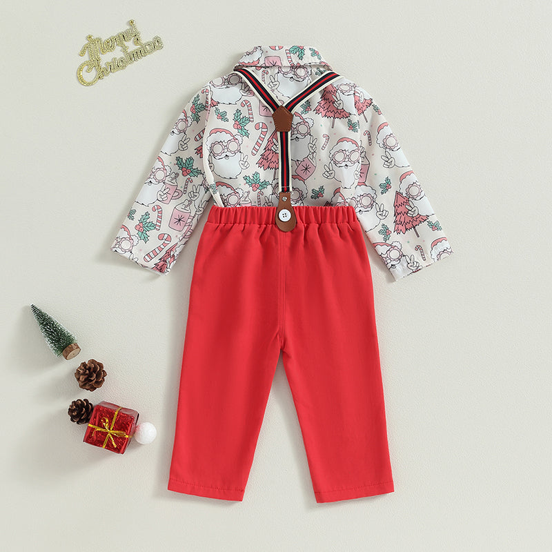 0-24M Baby Boys Formal Suit for Christmas Infant Long Sleeve Santa Print Shirts with Bow-tie + Suspender Pants Gentleman Set