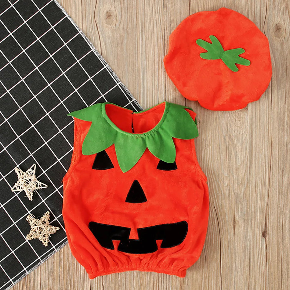 Baby Costume Kids Pumpkin Romper with Hat Boys Girls Cosplay One-Piece Infant Summer Casual Onesie Halloween Jumpsuit 0-5 Years