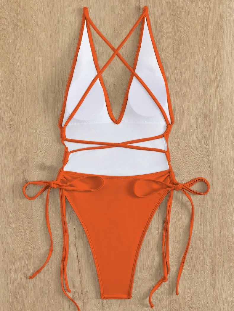 Fashion Solid Deep V Neck One Piece Swimsuit Women Yellow White Hollow Out Pleate Swimwear Beach Bandage Bathing Suit Monokini