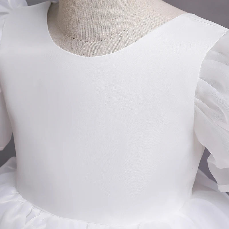 Girls White Cake Layers Dresses Kids Pull Sleeve Elegant Party Wedding Birthday Tutu Princess Vestidos Children Summer Clothes