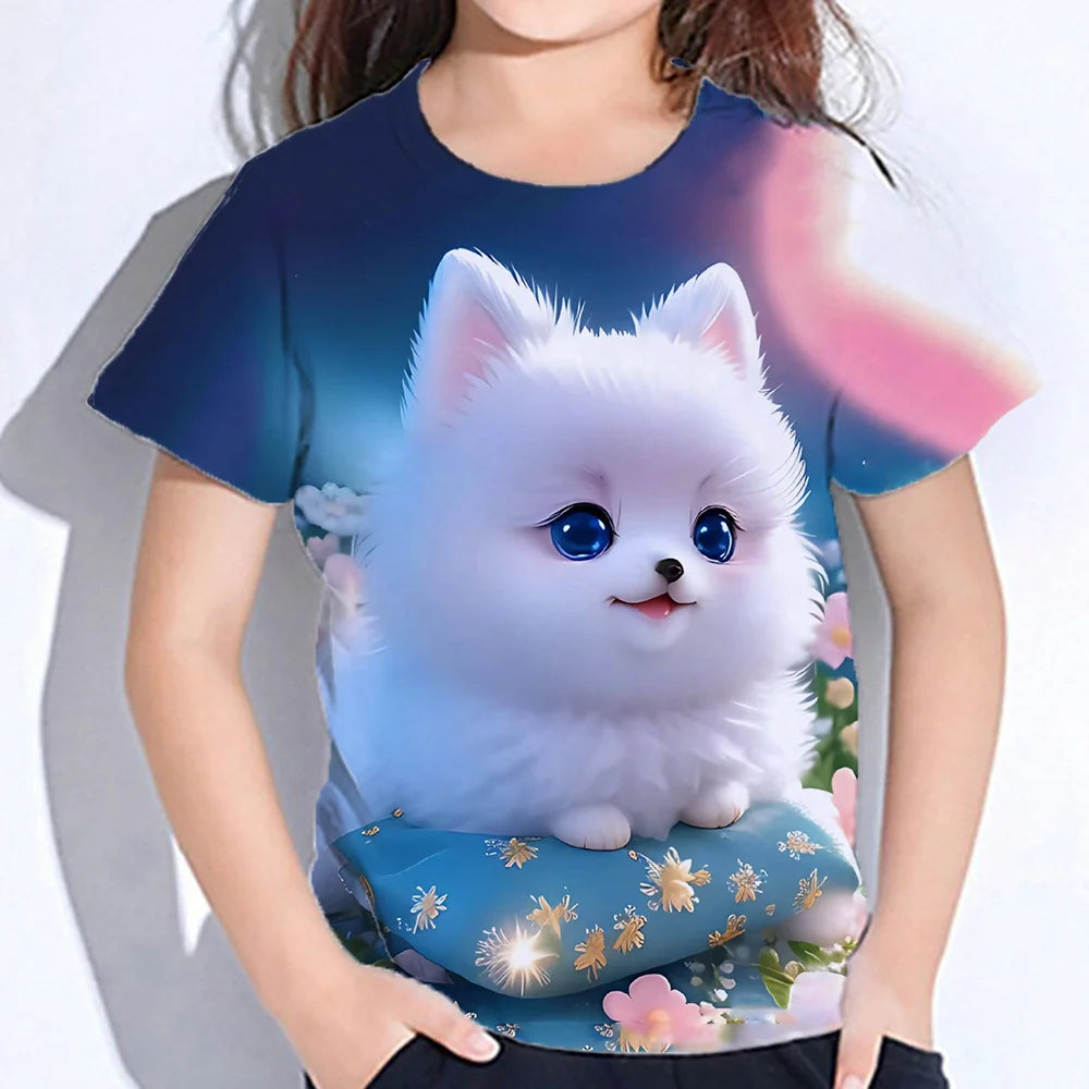 2024 Girl Summer Tops Girls Clothes 2 to 8 Years Short Sleeve Children T-Shirt Cat Print Kids T Shirt Kawaii Children's Clothing