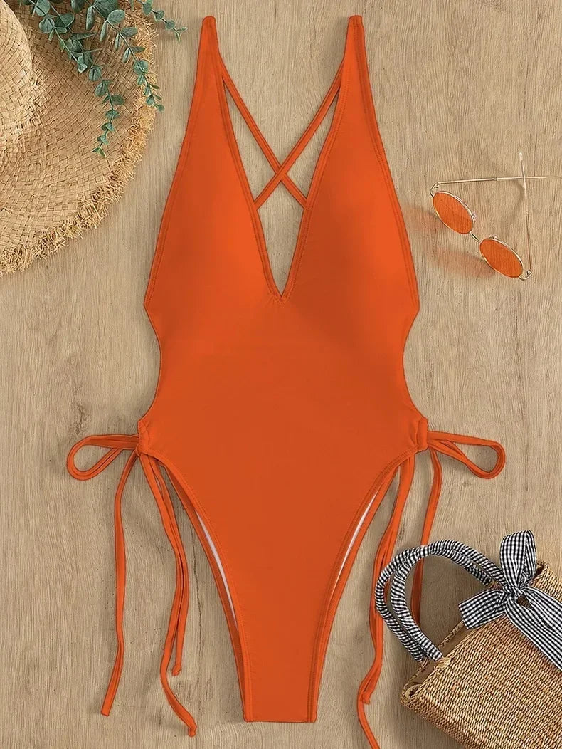 Fashion Solid Deep V Neck One Piece Swimsuit Women Yellow White Hollow Out Pleate Swimwear Beach Bandage Bathing Suit Monokini