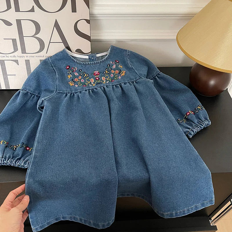 MILANCEL Girls Denim Dresses 2024 Autumn New Embroidery Floral Long Sleeve Dress Children's Daily Casual Clothes