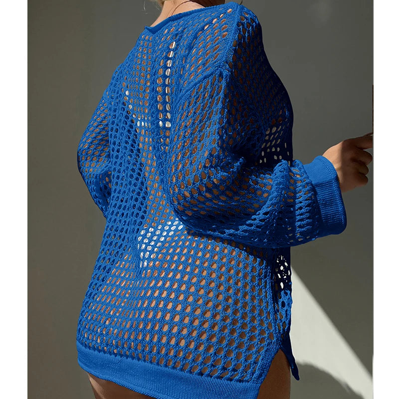 Knitting Loose Swimsuit Cover-Ups Sexy Hollow Out Round Collar Top Women Summer Beach Holiday Fashion Sunscreen Smock Top
