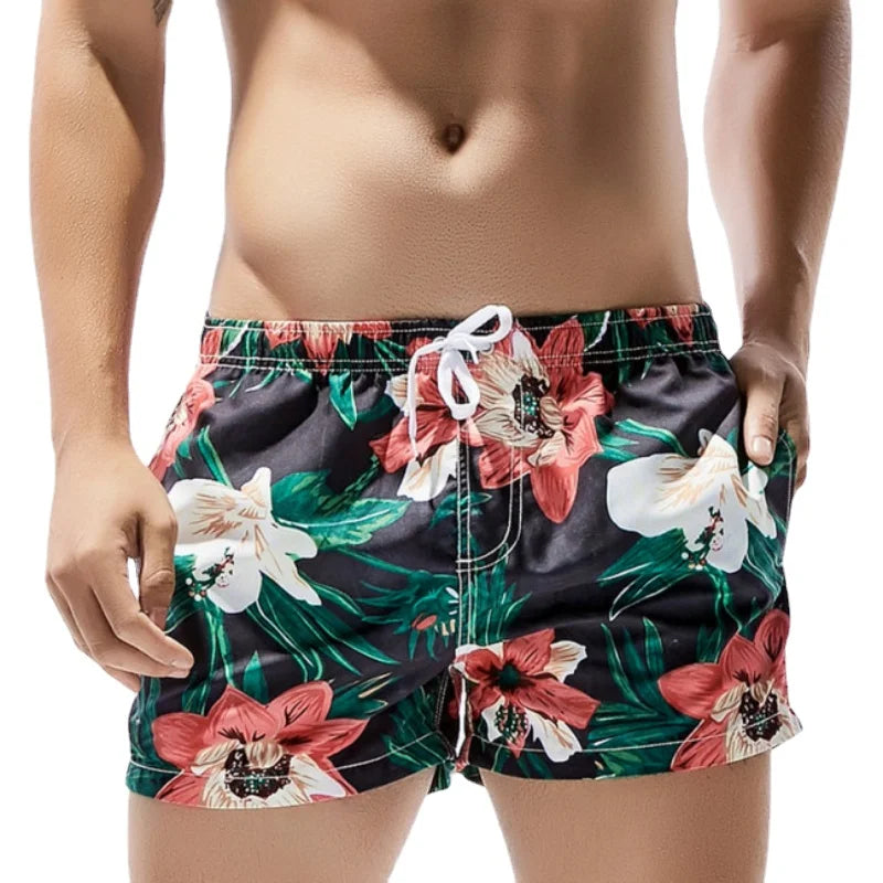 SEOBEAN Mens Board Swim Shorts Men Beach Swimming Suit Bermuda Surf Short Flowers Pattern Pocket Design for Man Sea GYM Wear
