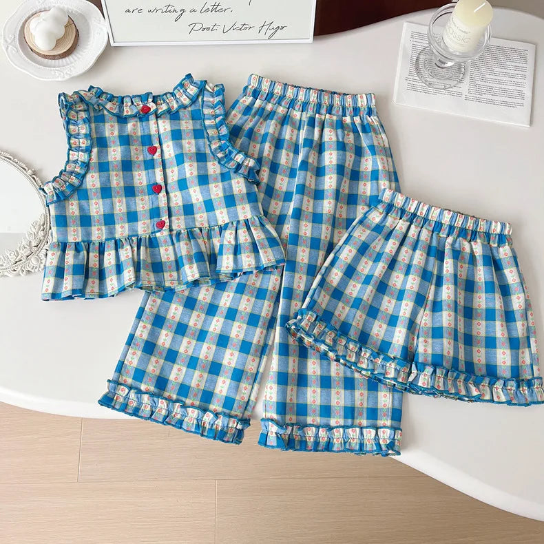 Children's Clothing Sets Blue Plaid Floral Print Sleeveless Top + Wide Leg Pants + Shorts 3 Pcs Sets Kids Clothes for Girls
