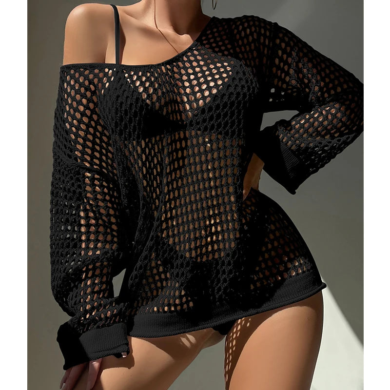 Knitting Loose Swimsuit Cover-Ups Sexy Hollow Out Round Collar Top Women Summer Beach Holiday Fashion Sunscreen Smock Top