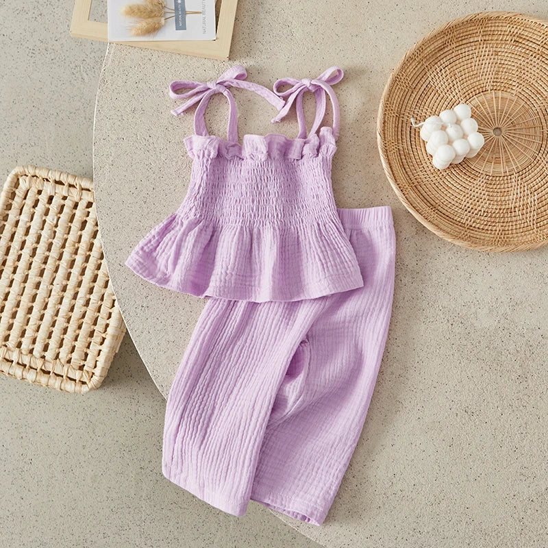 Suefunskry Toddler Girls 2Pcs Outfits Solid Color Sleeveless Camisole and Elastic Pants Set Baby Summer Clothes 6M-3Y