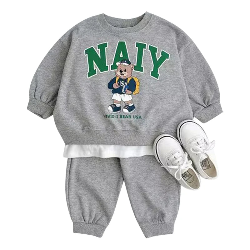 Fashion girls Toddler Baby Korea Clothing Fall Clothes Sets Baby Boys Set Kids Sports Bear Sweatshirt Pants 2Pcs 2 to 8 year