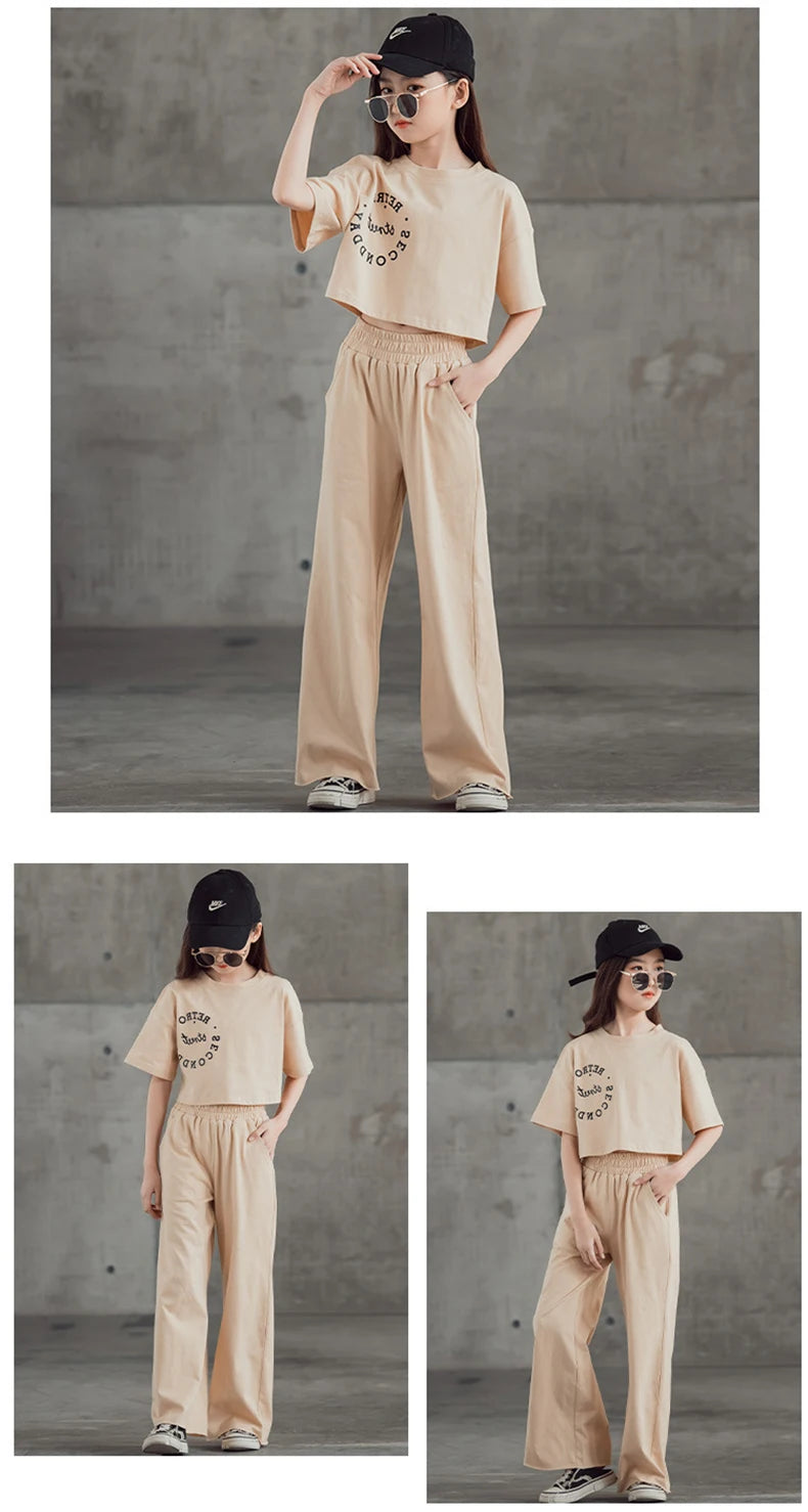 2024 New Spring Summer Teenager Girls Clothing Sets Children Short Tops T Shirt + Pants 2Pcs Kids Tracksuit 5 6 8 10 12 14 Years