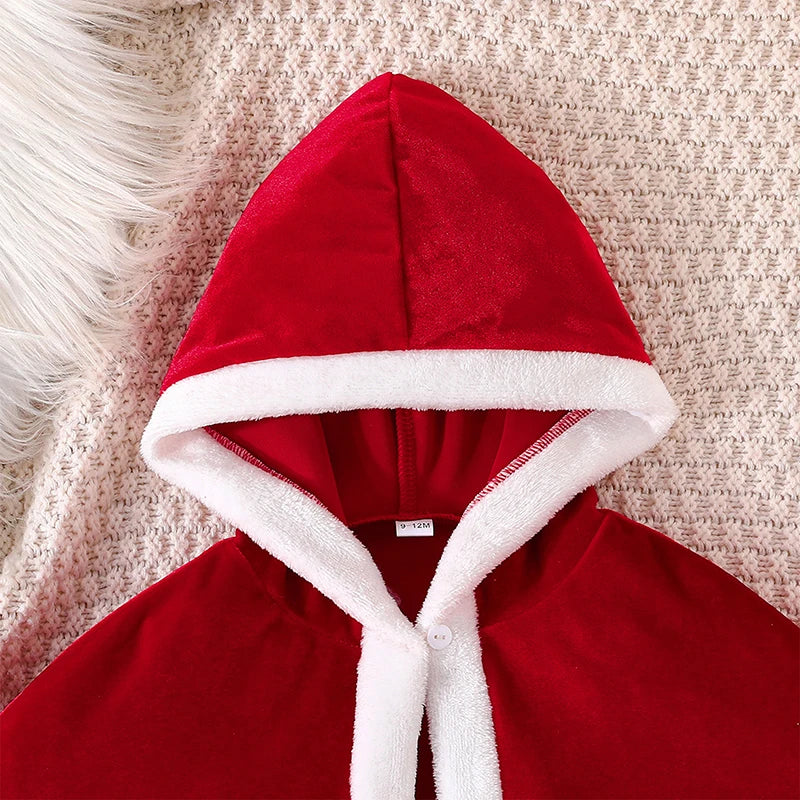 Girls Christmas Outfit Set with Santa Terry Trim Sleeveless A-Line Dress and Hooded Cloak - Festive Holiday Clothing for Kids