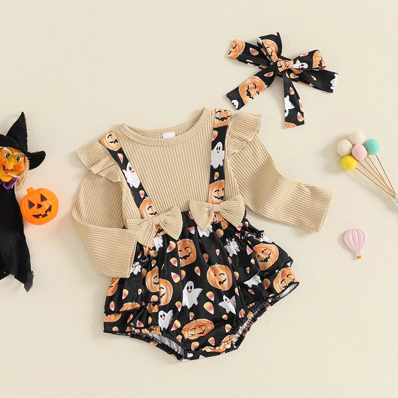 2024-05-23 Lioraitiin Baby Girls Halloween Jumpsuits Pumpkin Print Long Sleeve Romper and Cute Headband Set for Infant Outfits