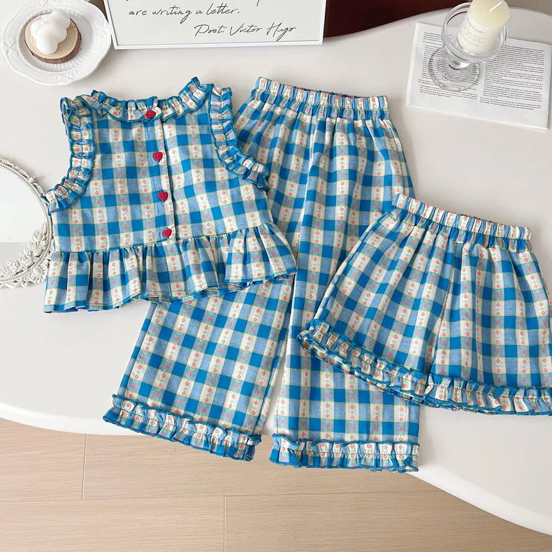 Children's Clothing Sets Blue Plaid Floral Print Sleeveless Top + Wide Leg Pants + Shorts 3 Pcs Sets Kids Clothes for Girls