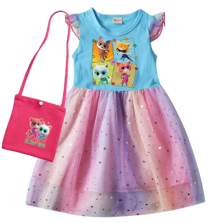 children SuperKitties Costume kids Cosplay Super Kitties clothes for Girls Flying Sleeves A-Line Dress with Bag and Headband