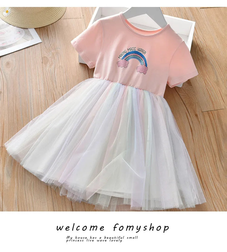 2024 New Girls Clothes Summer Princess Dresses Short Sleeve Cotton Kids Dress Unicorn Party Girls Dresses Children Clothing 3-8Y