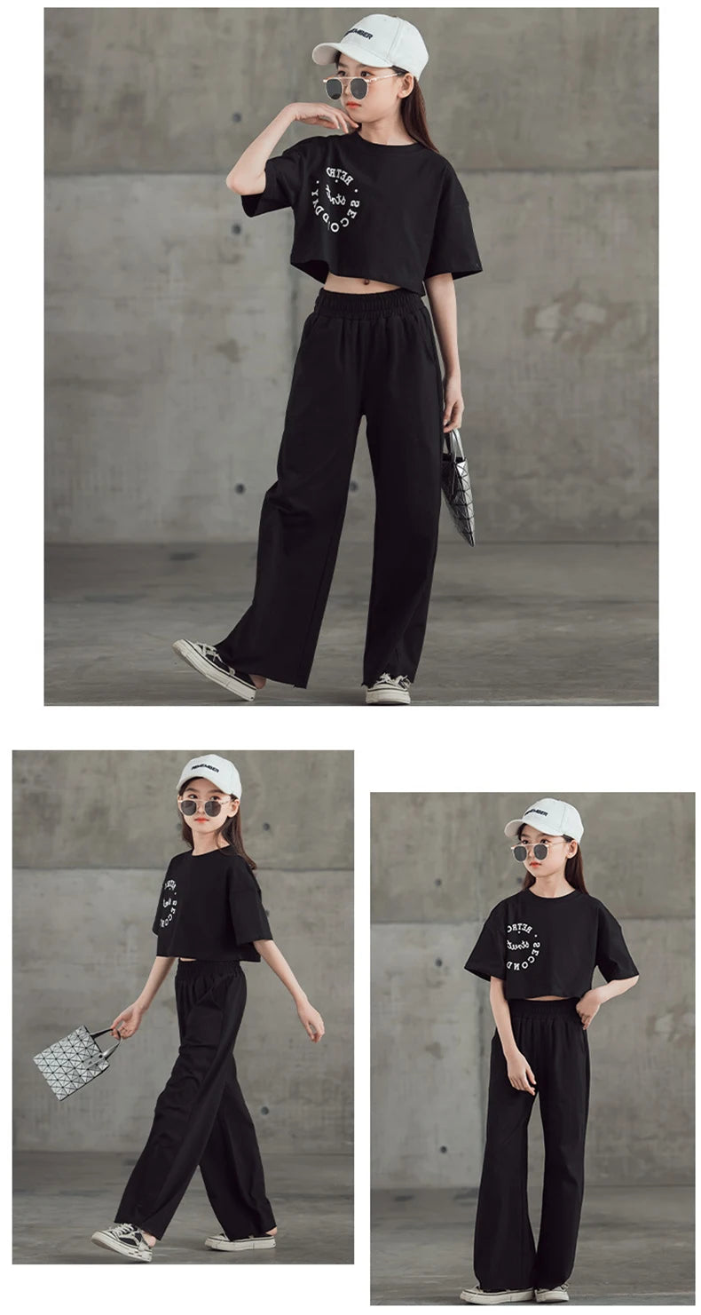 2024 New Spring Summer Teenager Girls Clothing Sets Children Short Tops T Shirt + Pants 2Pcs Kids Tracksuit 5 6 8 10 12 14 Years