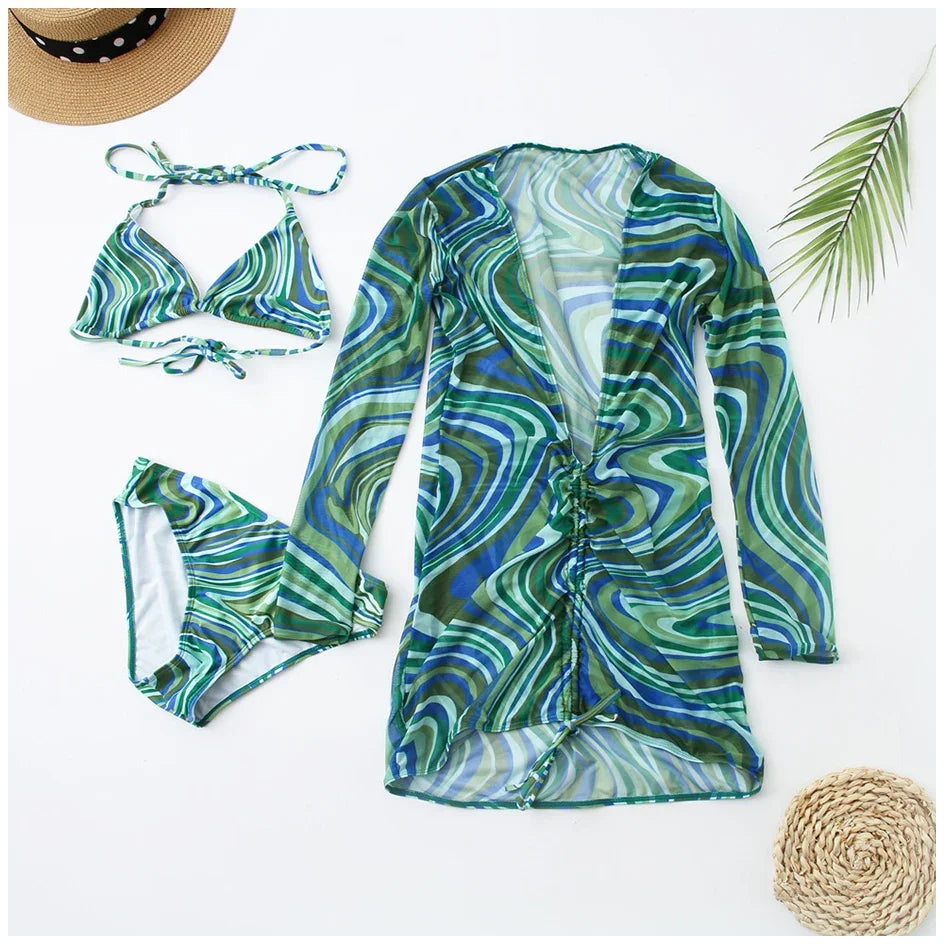 3 Pack Bikini Swimsuit With Shirt Cover Up Sets Women Halter Three Pieces Printed Lace Up Triangle Ruched Mesh Swimwear