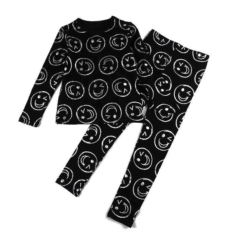 AA-kids boy summer spring fashion clothes 2pcs set cotton long sleeve and short sleeve 2pcs clothes set smile print black set