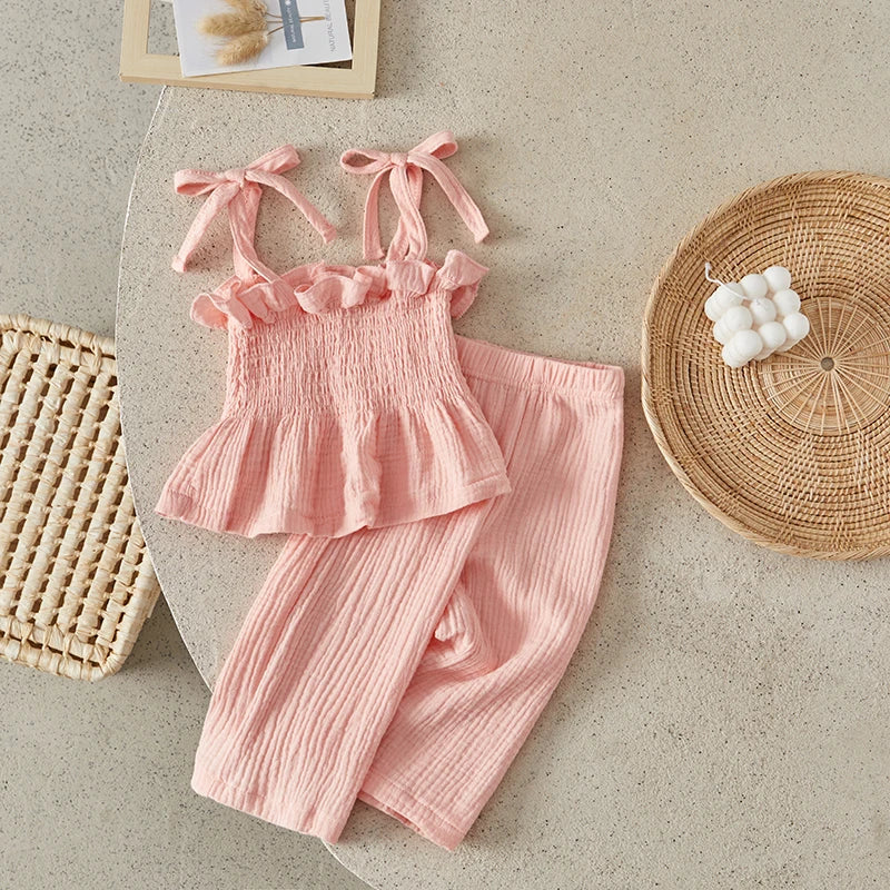 Suefunskry Toddler Girls 2Pcs Outfits Solid Color Sleeveless Camisole and Elastic Pants Set Baby Summer Clothes 6M-3Y