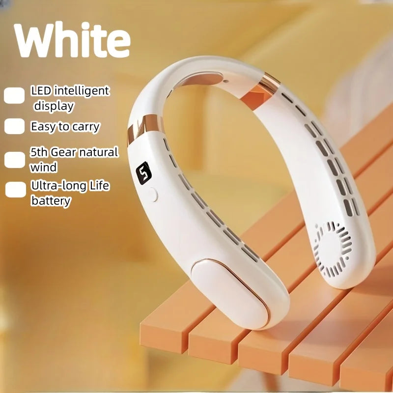 2024 New portable neck fan with digital display, 5-speed adjustment, silent operation, neck ice porcelain body sensation, long b