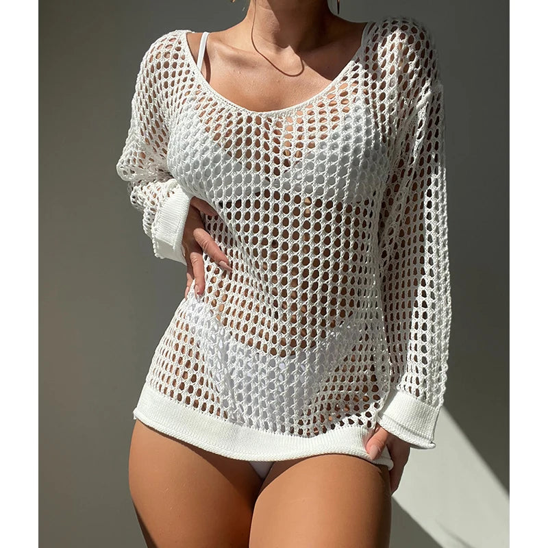 Knitting Loose Swimsuit Cover-Ups Sexy Hollow Out Round Collar Top Women Summer Beach Holiday Fashion Sunscreen Smock Top