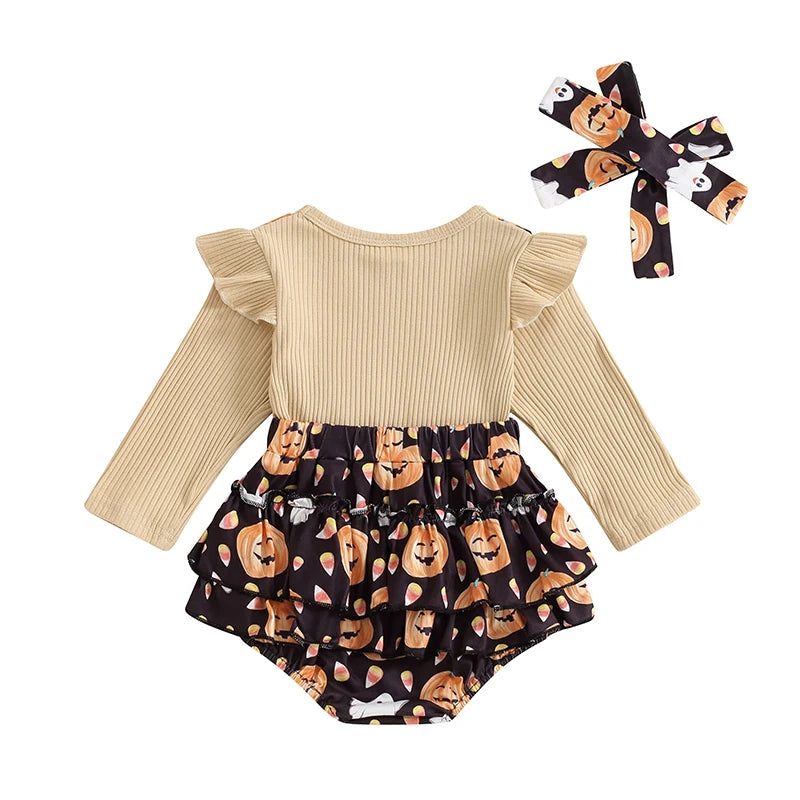 2024-05-23 Lioraitiin Baby Girls Halloween Jumpsuits Pumpkin Print Long Sleeve Romper and Cute Headband Set for Infant Outfits