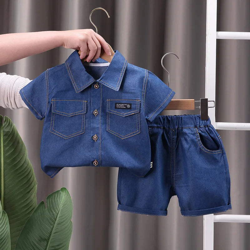 Summer new shirt 2024 boys lapel short-sleeved suit kidsren's clothing kidsren's workwear casual pants shirt two-piece set