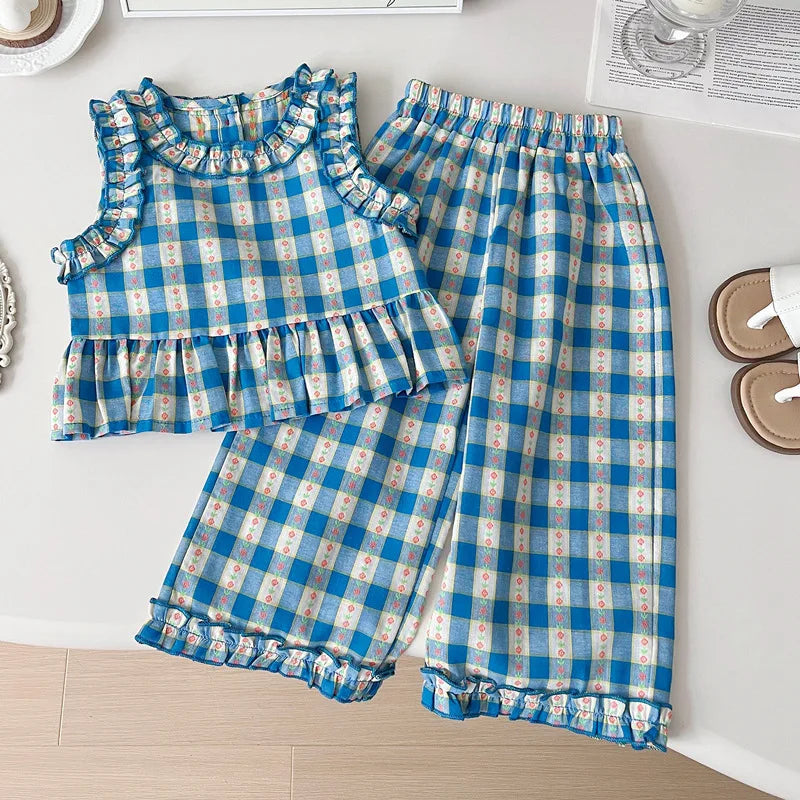 Children's Clothing Sets Blue Plaid Floral Print Sleeveless Top + Wide Leg Pants + Shorts 3 Pcs Sets Kids Clothes for Girls