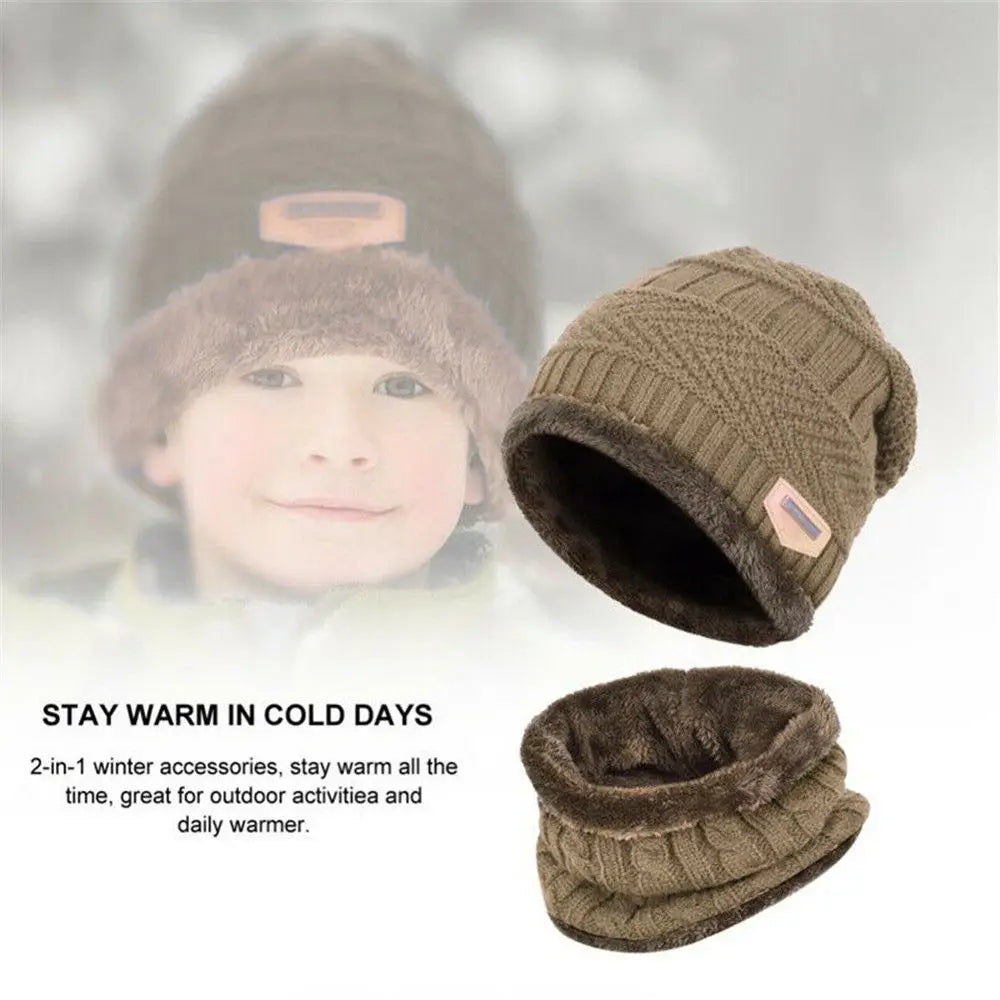 Kids Winter Neck Scarf Cap Set Fashion Beanie Warm Hat Scarf Set Neck Cover Fleece Knitted Thick Ski Cap Warm Balaclava Hat