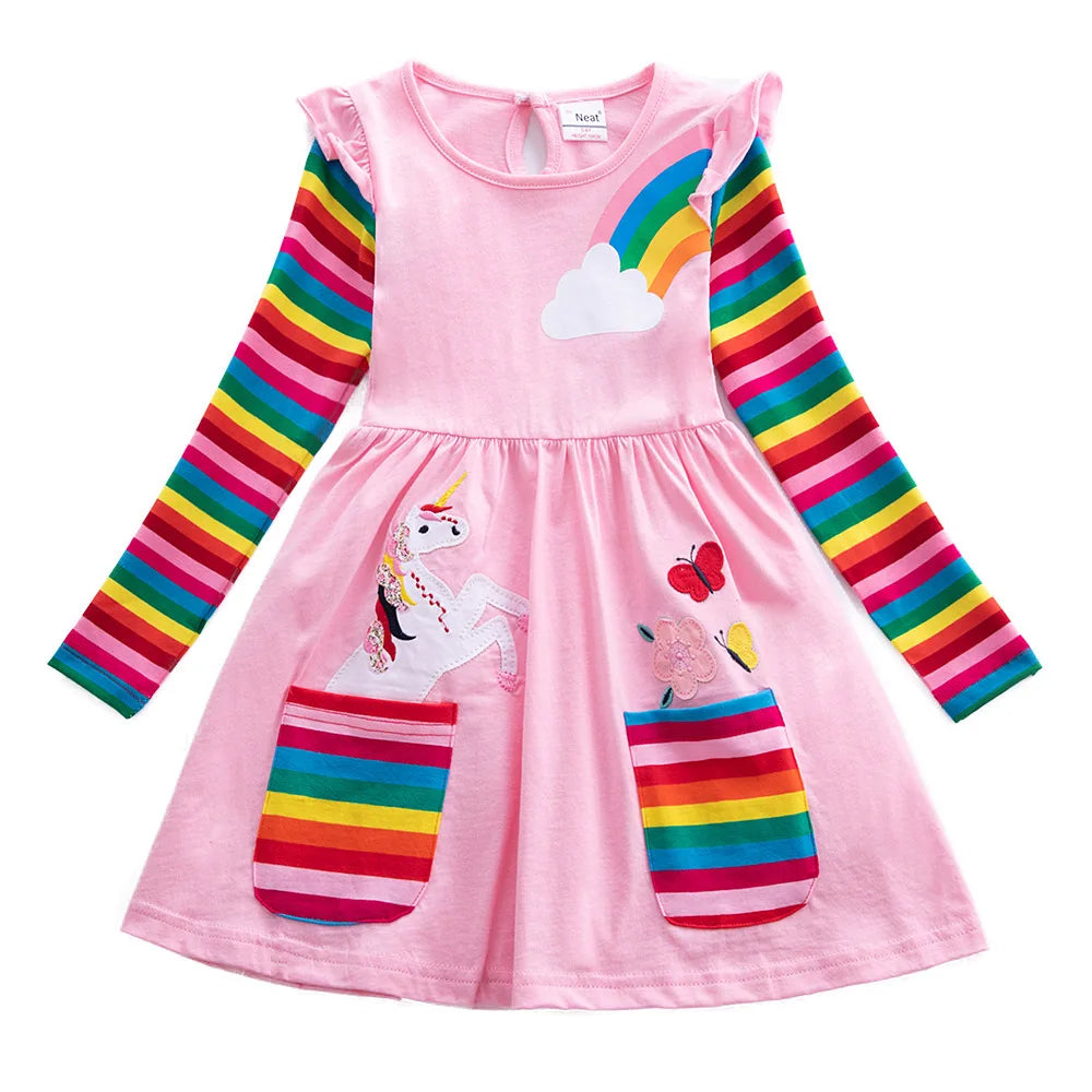 Girls' Long Sleeve Unicorn Dress Autumn Embroidery Two Pockets Rainbow Sleeves 81035