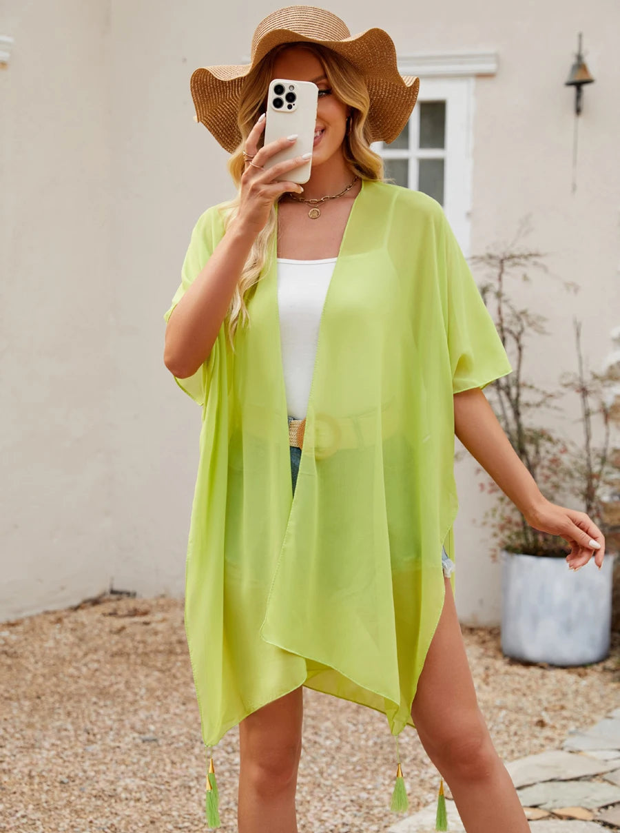 Simple Pure Color Chiffon Beach Bikini Cover Ups Swimwear Women Summer Sun Protection Cardigan Leisure Travel Cape Long