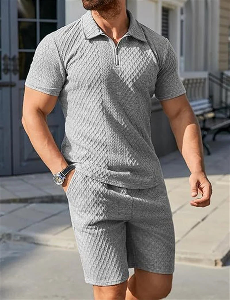2025 New Men Suit Fashion Men's Summer Jacquard Half Zip Short Sleeve Polo Shirt+Shorts 2 PCS Sets Men Casual Sports Suit