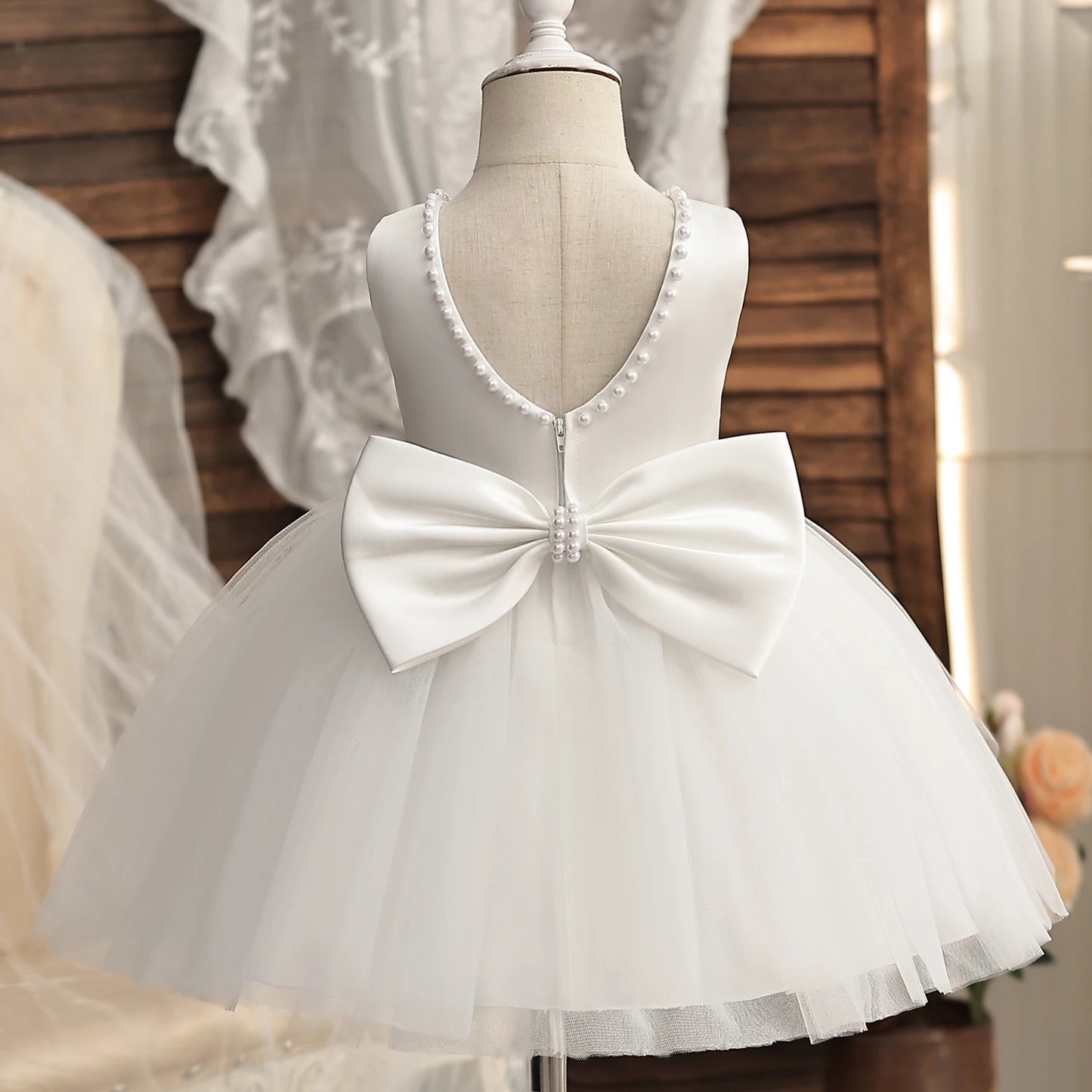 Flower Girl Dresses for Wedding Kids Lace Backless Tulle Tutu Princess Prom Party Clothes Baby 1st Birthday Baptism White Dress