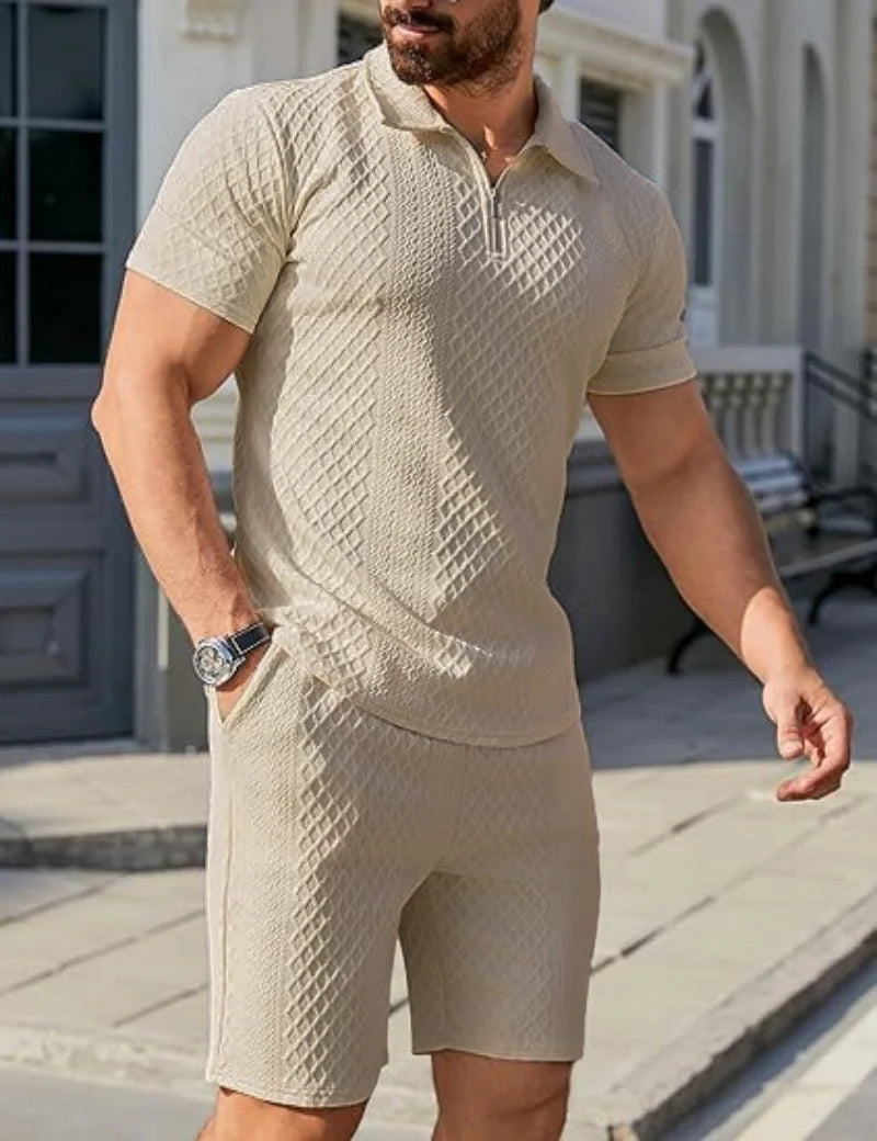 2025 New Men Suit Fashion Men's Summer Jacquard Half Zip Short Sleeve Polo Shirt+Shorts 2 PCS Sets Men Casual Sports Suit