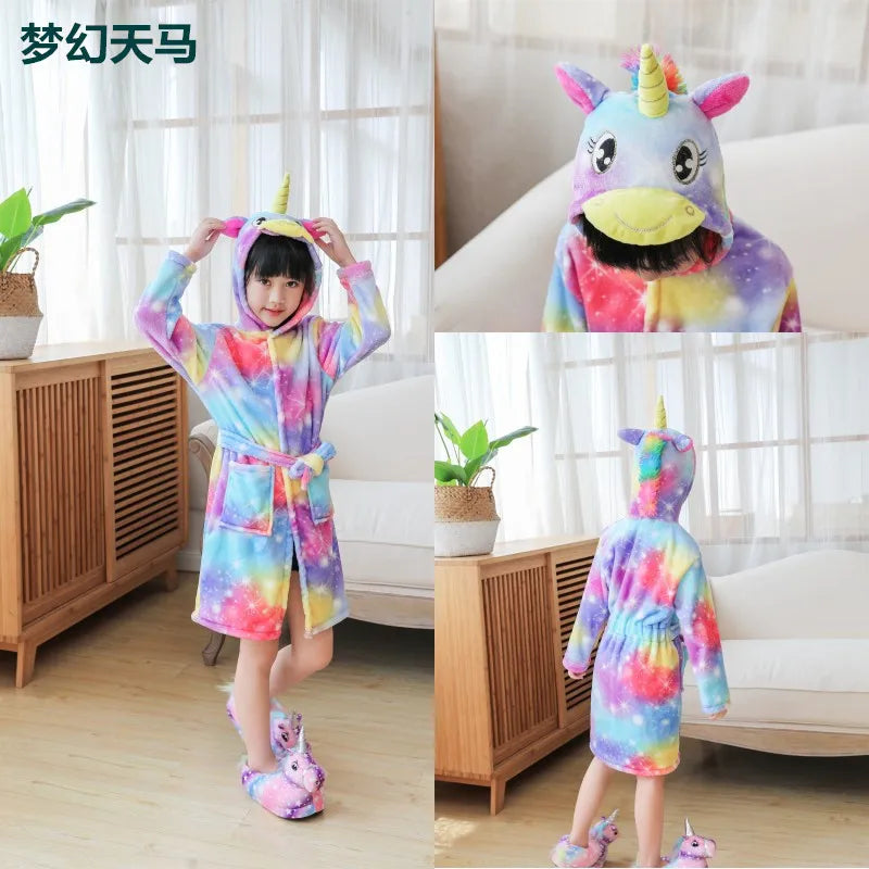 Boys Girls Hooded Bathrobe Toddler Unicorn Anime Cartoon Towel Beach Children's Sleepwear Baby Kids Bath Robes Pyjamas Nightgown
