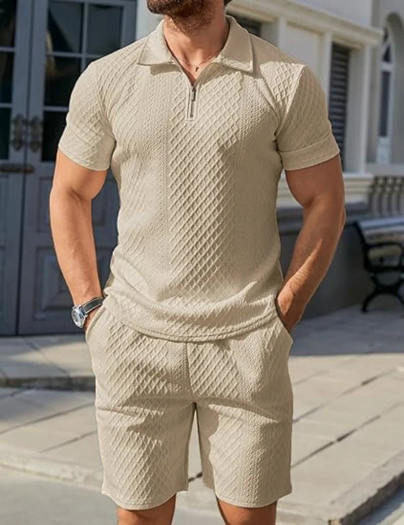 2025 New Men Suit Fashion Men's Summer Jacquard Half Zip Short Sleeve Polo Shirt+Shorts 2 PCS Sets Men Casual Sports Suit