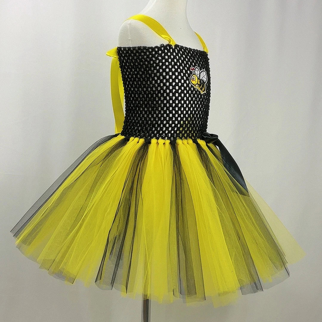 Bumble Bee Tutu Dress for Baby Girls Birthday Outfit Halloween Costume for Kids Honeybee Cosplay Dresses with Wing Headband Set