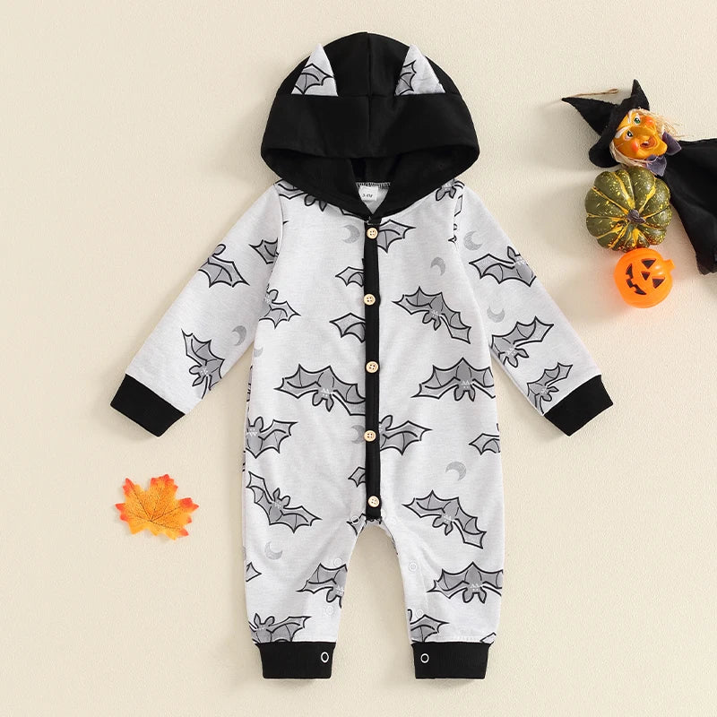 2024-05-23 Lioraitiin Baby Girl Boy Halloween Romper Bat Print Long Sleeve Full Length Hooded Jumpsuit for Fall