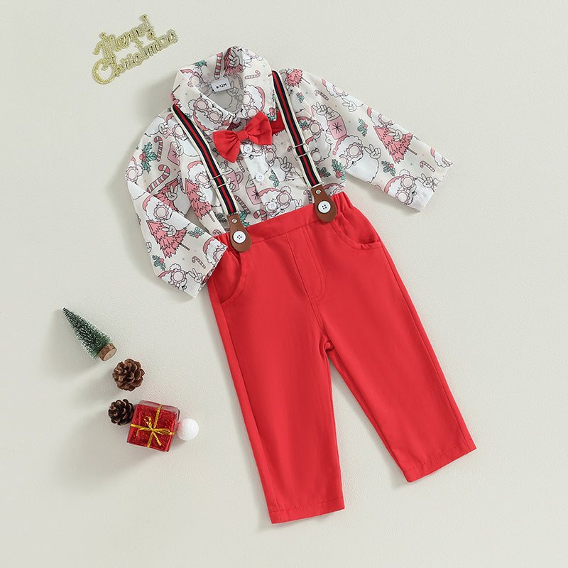 0-24M Baby Boys Formal Suit for Christmas Infant Long Sleeve Santa Print Shirts with Bow-tie + Suspender Pants Gentleman Set
