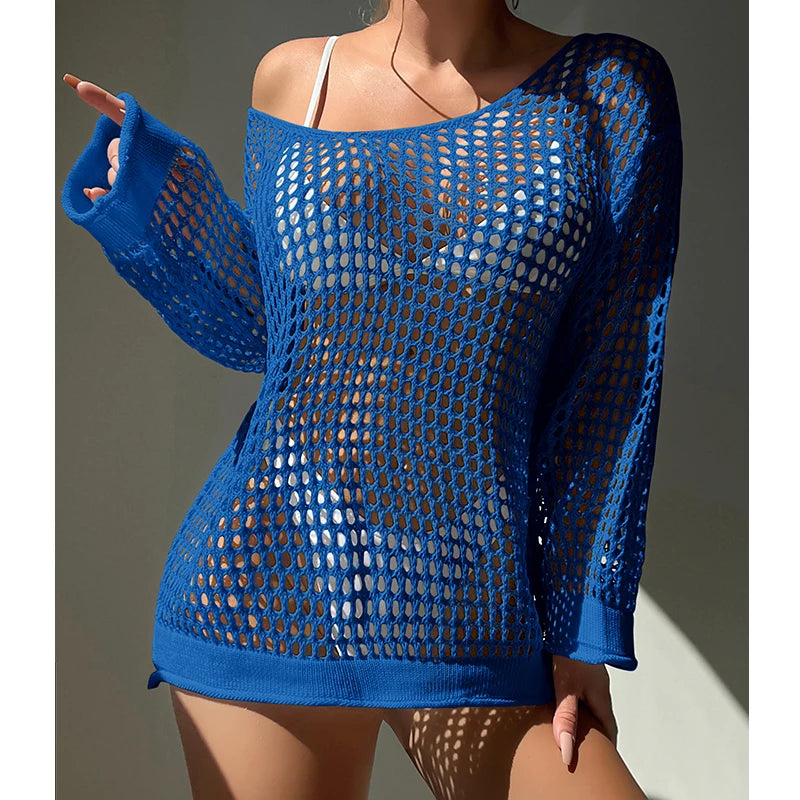 Knitting Loose Swimsuit Cover-Ups Sexy Hollow Out Round Collar Top Women Summer Beach Holiday Fashion Sunscreen Smock Top