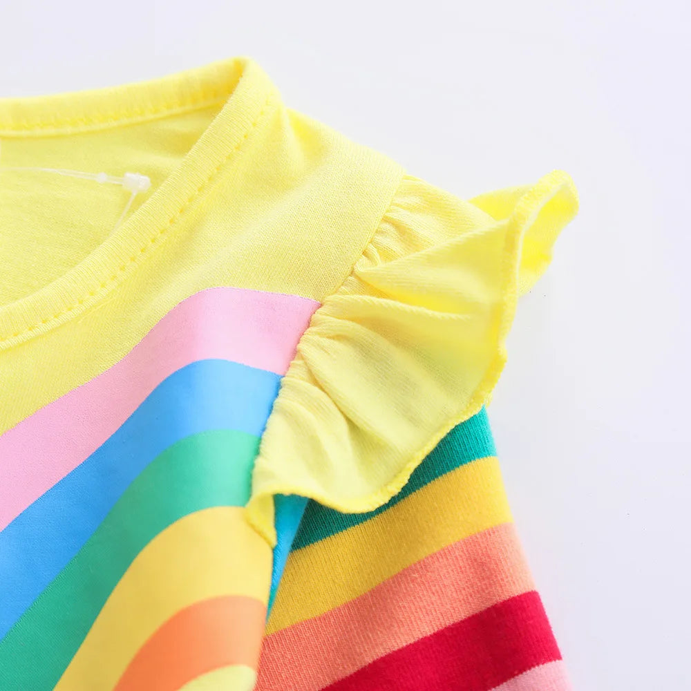 Girls' Long Sleeve Unicorn Dress Autumn Embroidery Two Pockets Rainbow Sleeves 81035