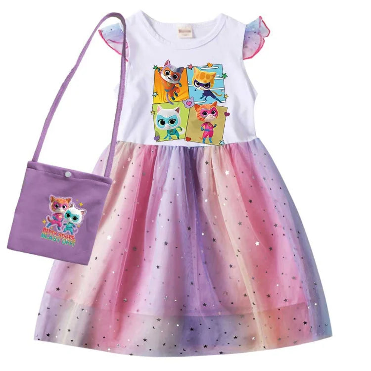 children SuperKitties Costume kids Cosplay Super Kitties clothes for Girls Flying Sleeves A-Line Dress with Bag and Headband