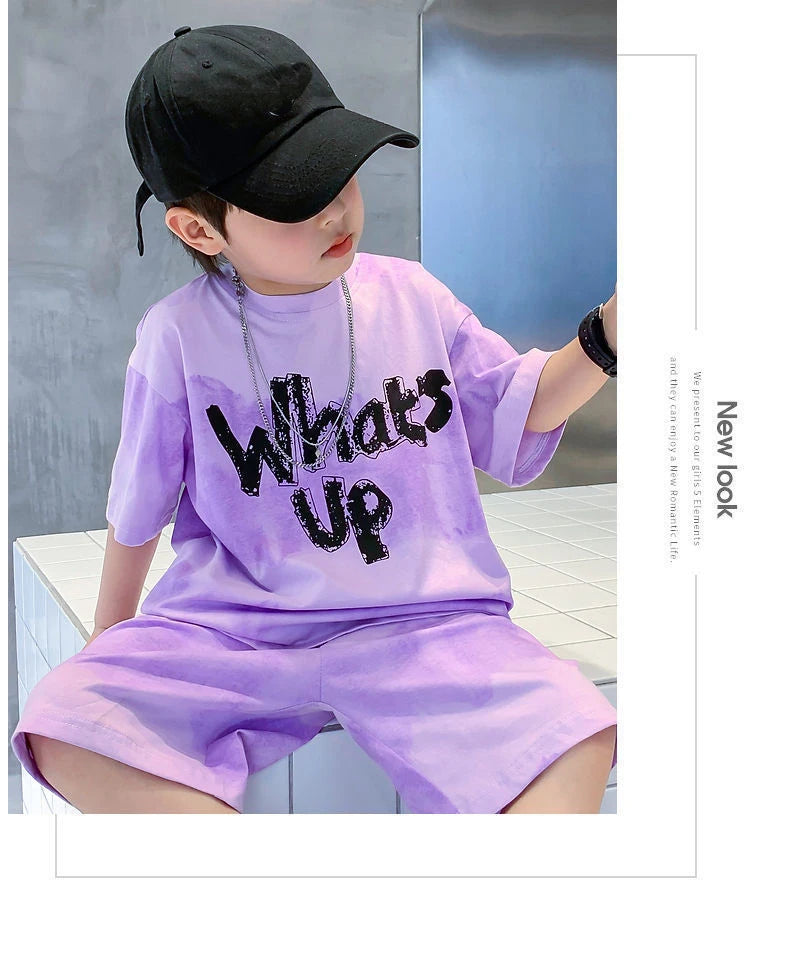 2024 New Boy Summer Quick dry Suit Children Streetwear what's up Short Sleeve TShirt + Shorts Two piece Sports Set Loose Outfits