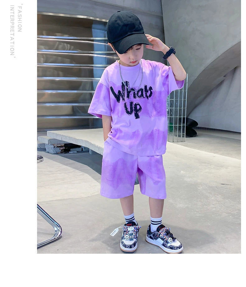 2024 New Boy Summer Quick dry Suit Children Streetwear what's up Short Sleeve TShirt + Shorts Two piece Sports Set Loose Outfits